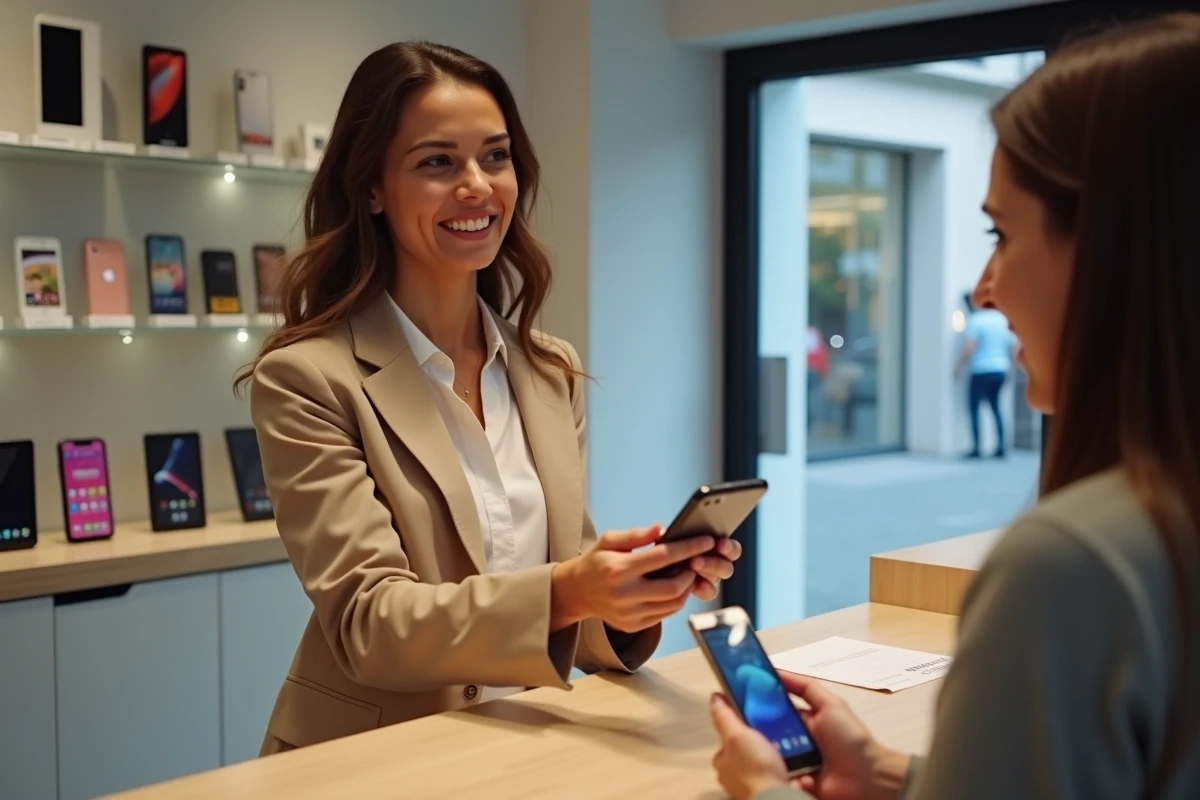 Cliente déposant son téléphone cassé au comptoir d'un réparateur express à Montpellier pendant sa pause déjeuner