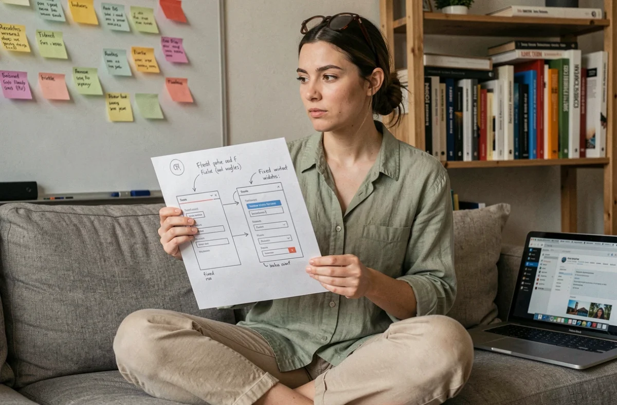 Designer UX analysant des maquettes de composants UI avec annotations sur flex et width dans un studio de travail à domicile