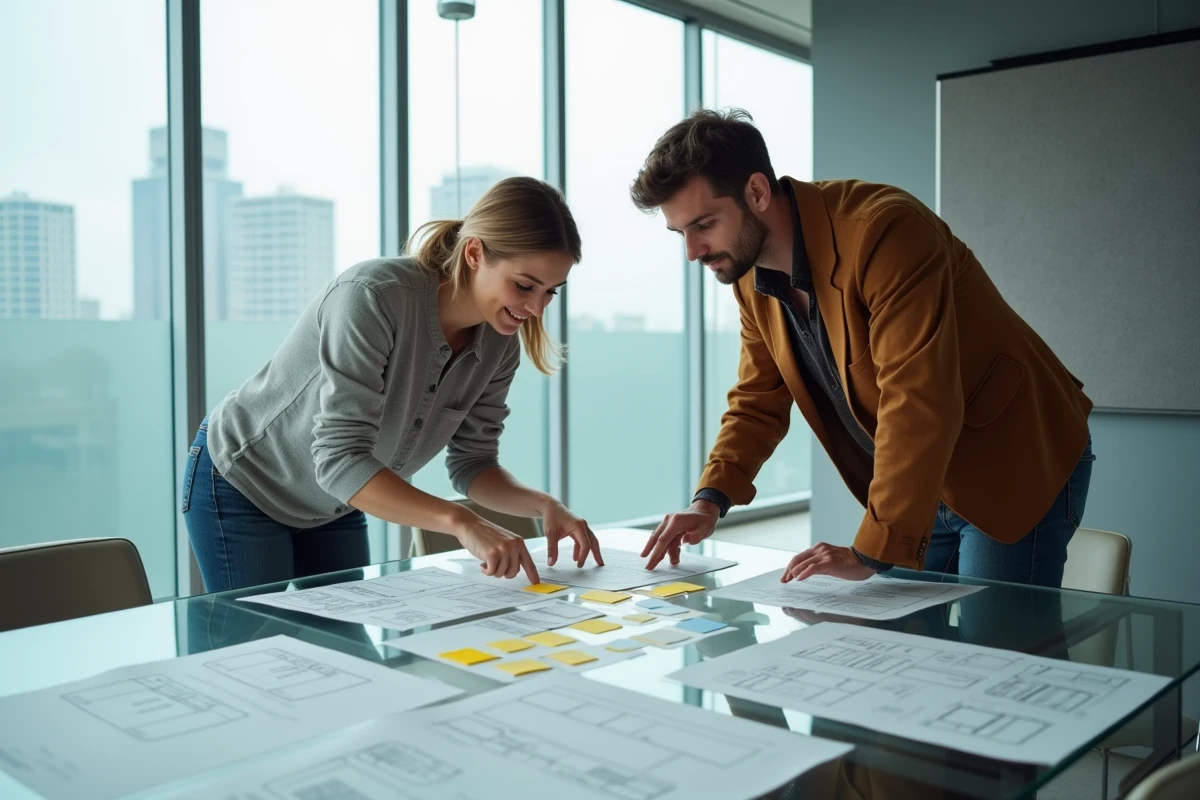Deux designers discutant de maquettes de positionnement CSS relatif et absolu dans une salle de réunion moderne