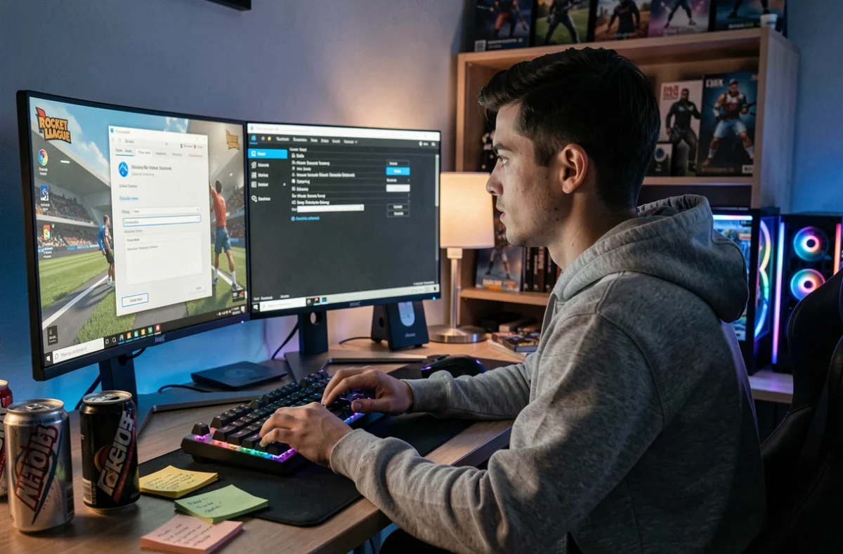 Joueur désinstallant BakkesMod depuis le panneau de configuration Windows sur un PC gaming avec Rocket League ouvert en arrière-plan