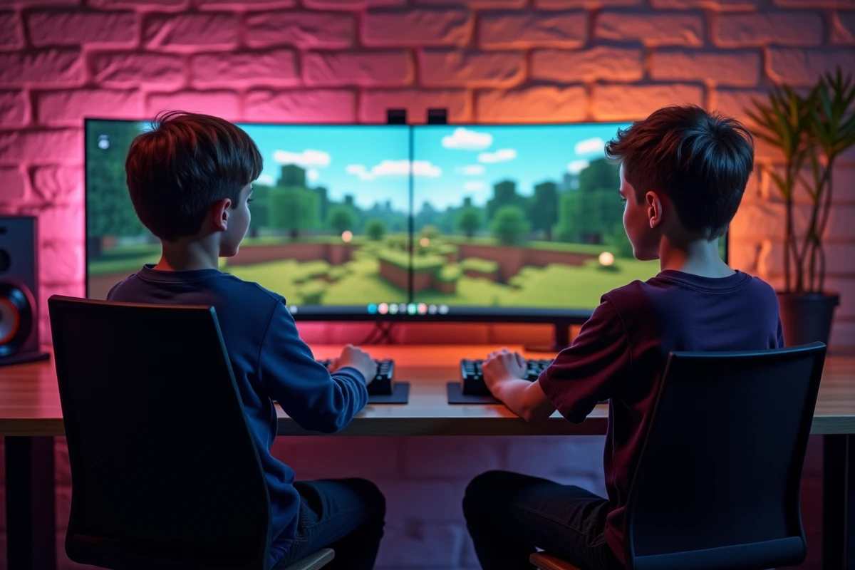 Deux frères jouant ensemble à Minecraft en mode coopératif local sur un même PC Windows 11