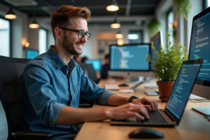 Jeune developpeur concentré devant son ordinateur en open space