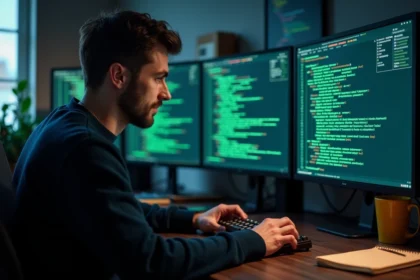 Développeur utilisant des commandes avancées popd et pushd dans un terminal Linux sur plusieurs écrans
