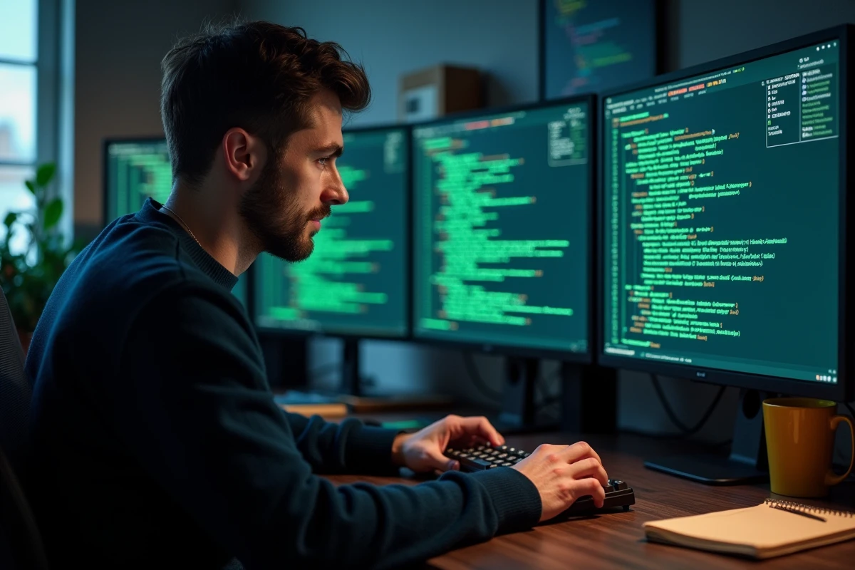 Développeur utilisant des commandes avancées popd et pushd dans un terminal Linux sur plusieurs écrans