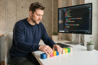 Développeur web comparant des composants modulaires sur un bureau moderne pour illustrer le choix entre flex-extend et width classique en CSS
