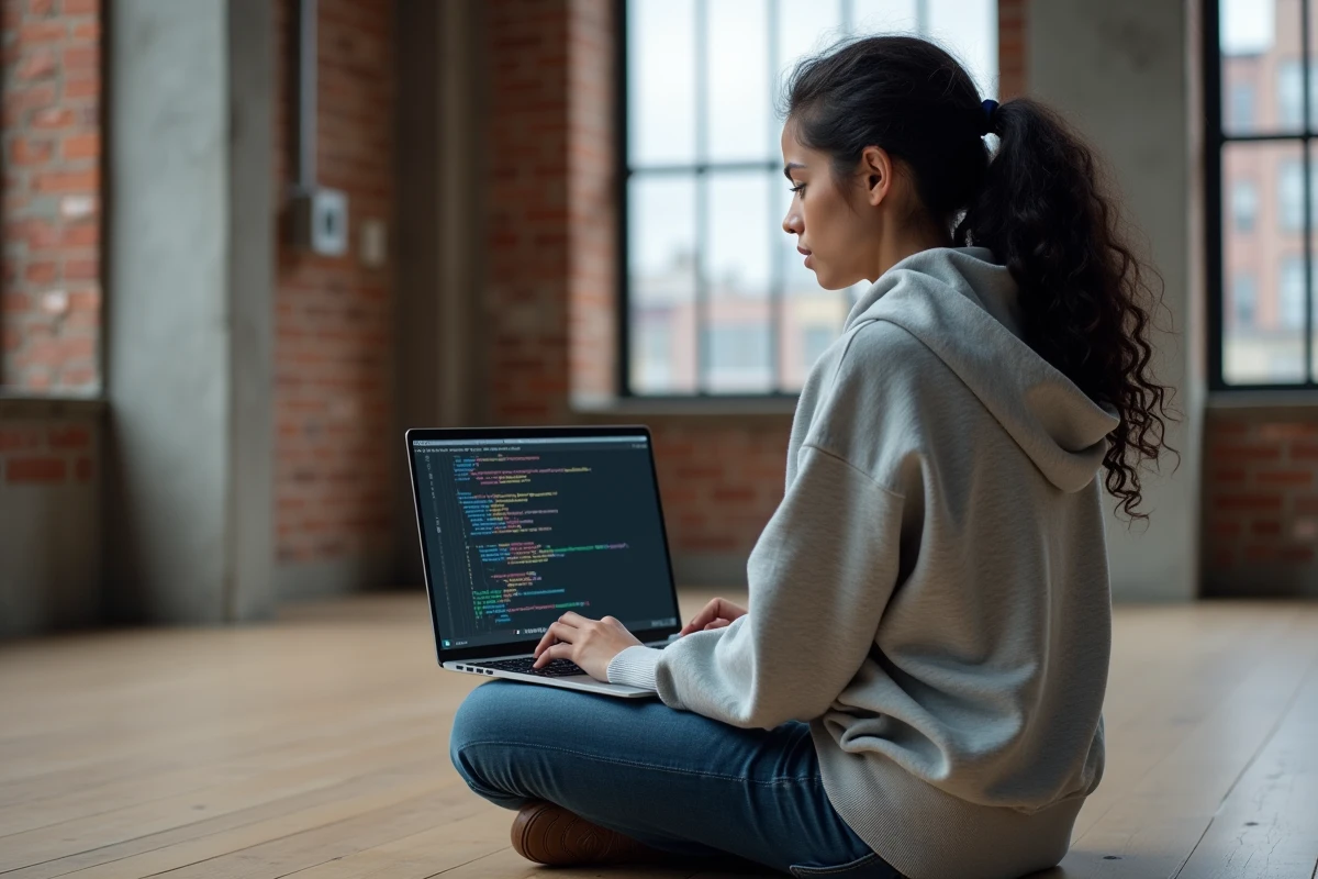 Jeune développeuse utilisant un terminal zsh avec gestion de pile de répertoires dans un loft de coworking