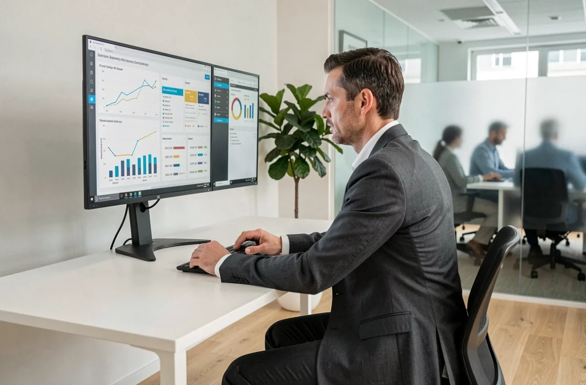Directeur des systèmes d'information concentré sur une plateforme de business intelligence dans un bureau exécutif