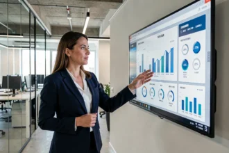 Directrice informatique analysant un tableau de bord décisionnel sur grand écran dans un bureau moderne