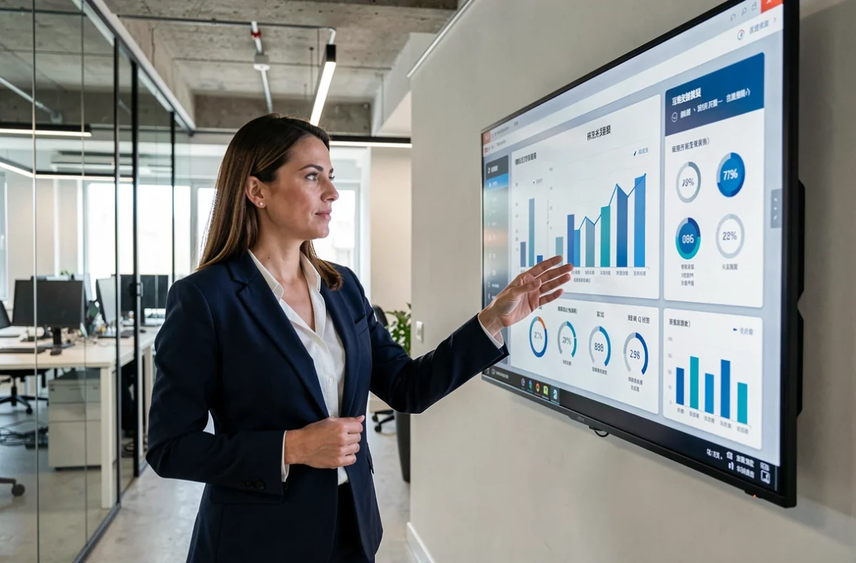 Directrice informatique analysant un tableau de bord décisionnel sur grand écran dans un bureau moderne