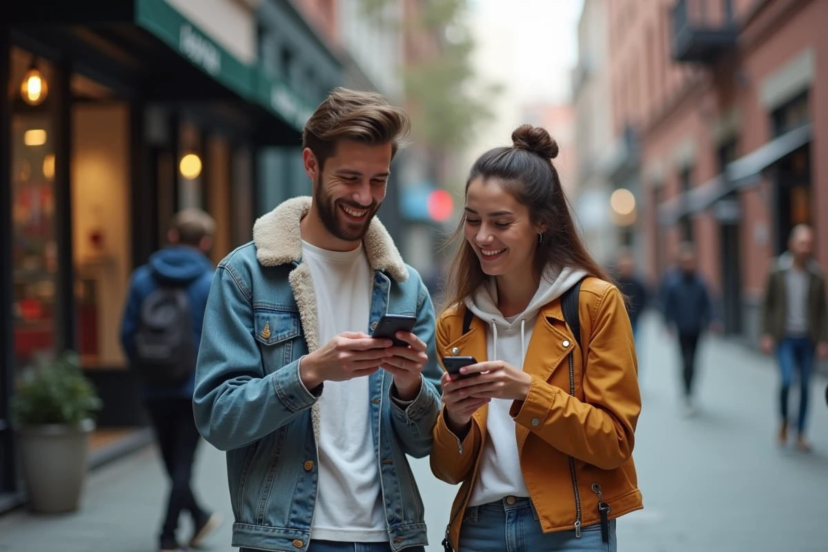 Deux amis riant devant l'animation Do a Barrel Roll sur smartphone en pleine rue