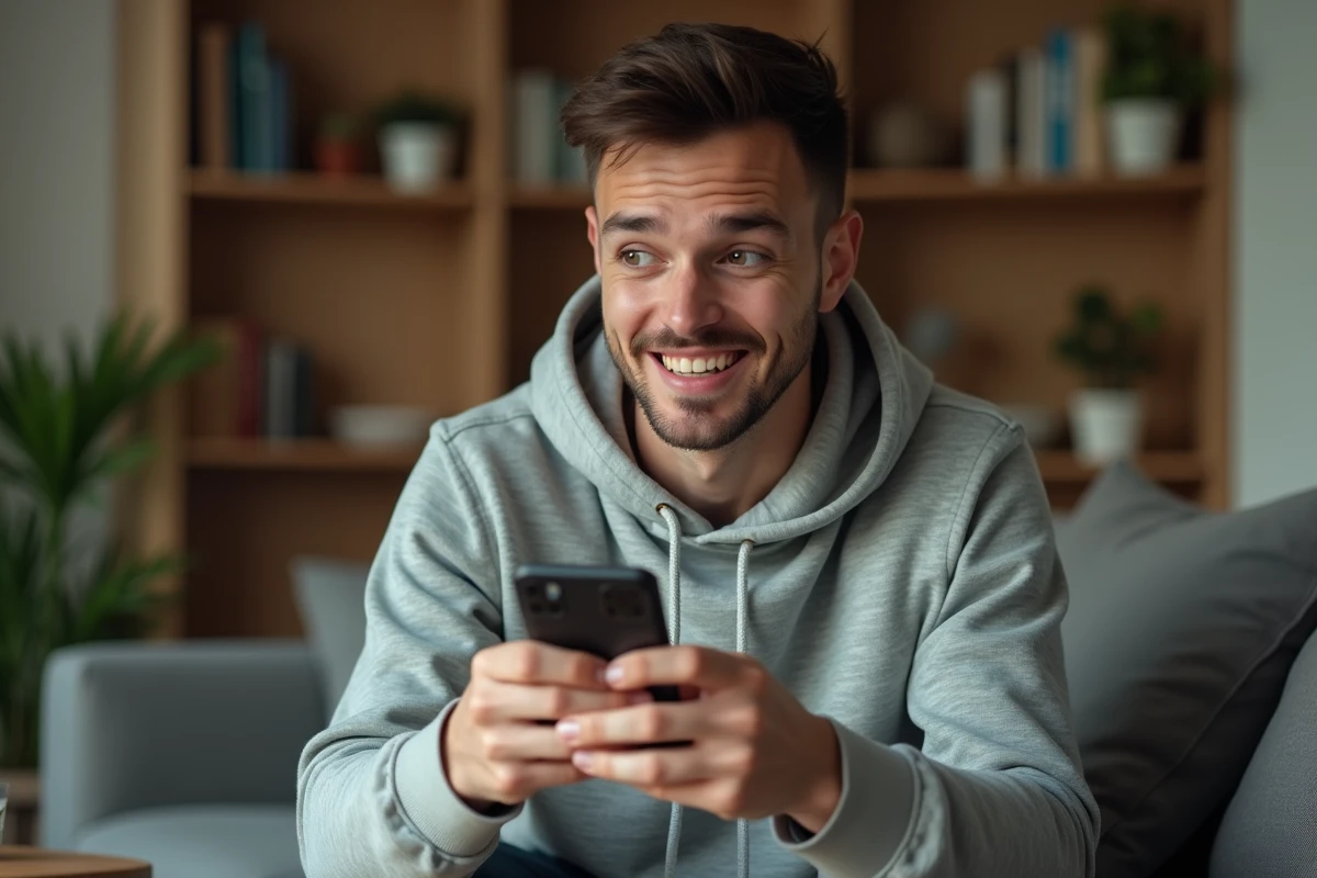 Un homme tenant un smartphone Android affichant une animation Do a Barrel Roll dans un salon cosy