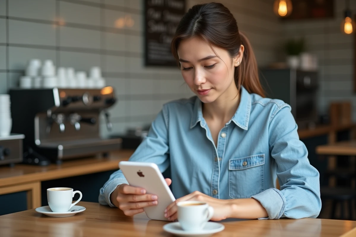 Une femme utilisant un iPhone dans un café pour rechercher le Do a Barrel Roll sur Google