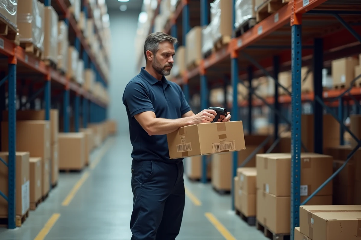 Employé de entrepôt logistique scannant un colis lors du suivi de livraison en 2026