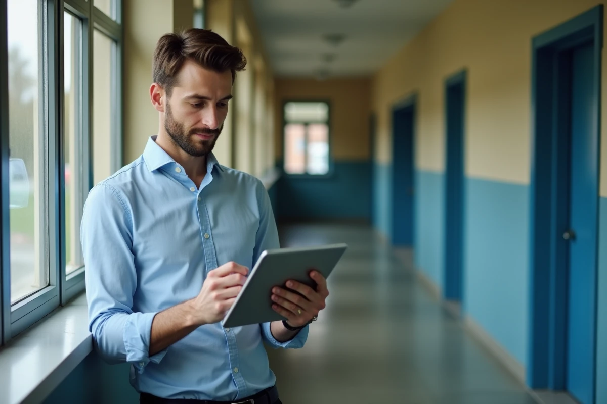 Enseignant débutant consultant sa messagerie académique Dsden19 sur tablette dans un couloir d'école en Corrèze