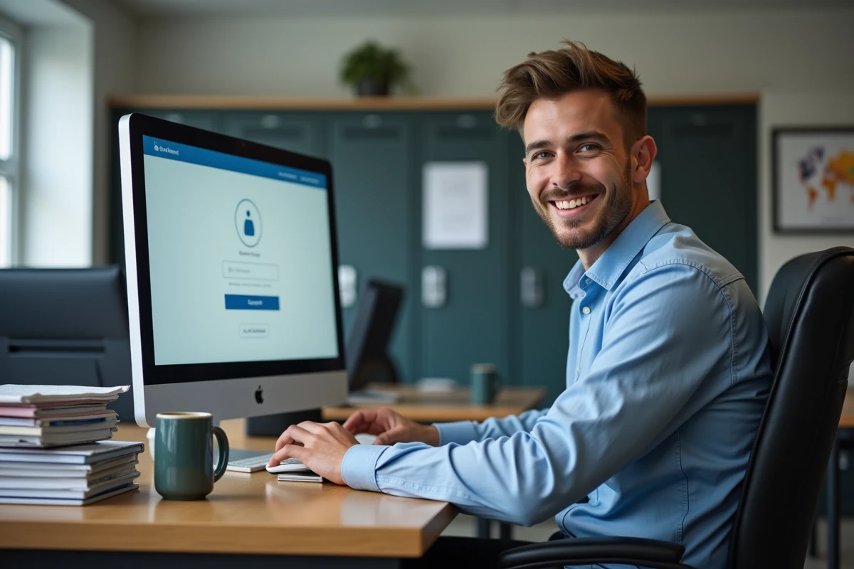 Jeune enseignant accédant à un site éducatif sur son ordinateur