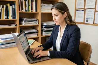 Enseignante accédant à sa messagerie académique Webversailles sur un ordinateur portable dans une salle des professeurs