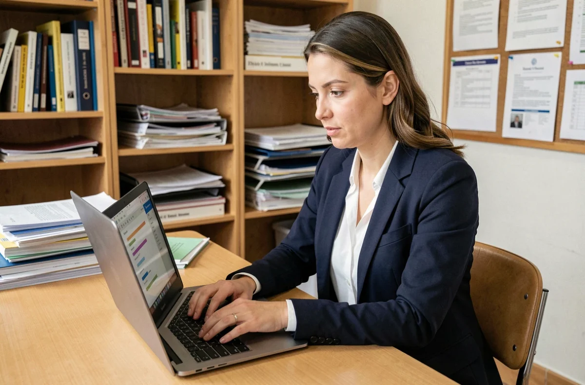Enseignante accédant à sa messagerie académique Webversailles sur un ordinateur portable dans une salle des professeurs