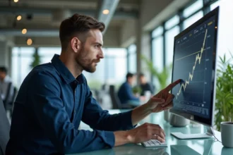 Entrepreneur analysant l'évolution des prix de l'intelligence artificielle sur un écran dans un bureau moderne