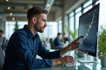 Entrepreneur analysant l'évolution des prix de l'intelligence artificielle sur un écran dans un bureau moderne