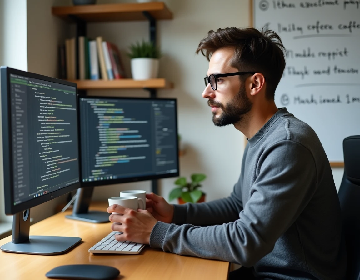 Entrepreneur travaillant avec un chatbot IA sur double écran dans un bureau à domicile bien organisé