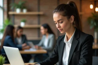 Entrepreneuse utilisant un assistant IA sur son ordinateur portable dans un espace de coworking moderne