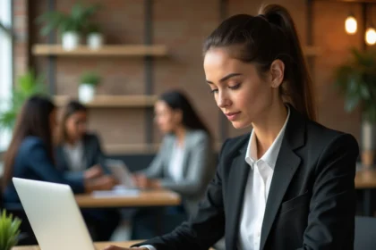 Entrepreneuse utilisant un assistant IA sur son ordinateur portable dans un espace de coworking moderne