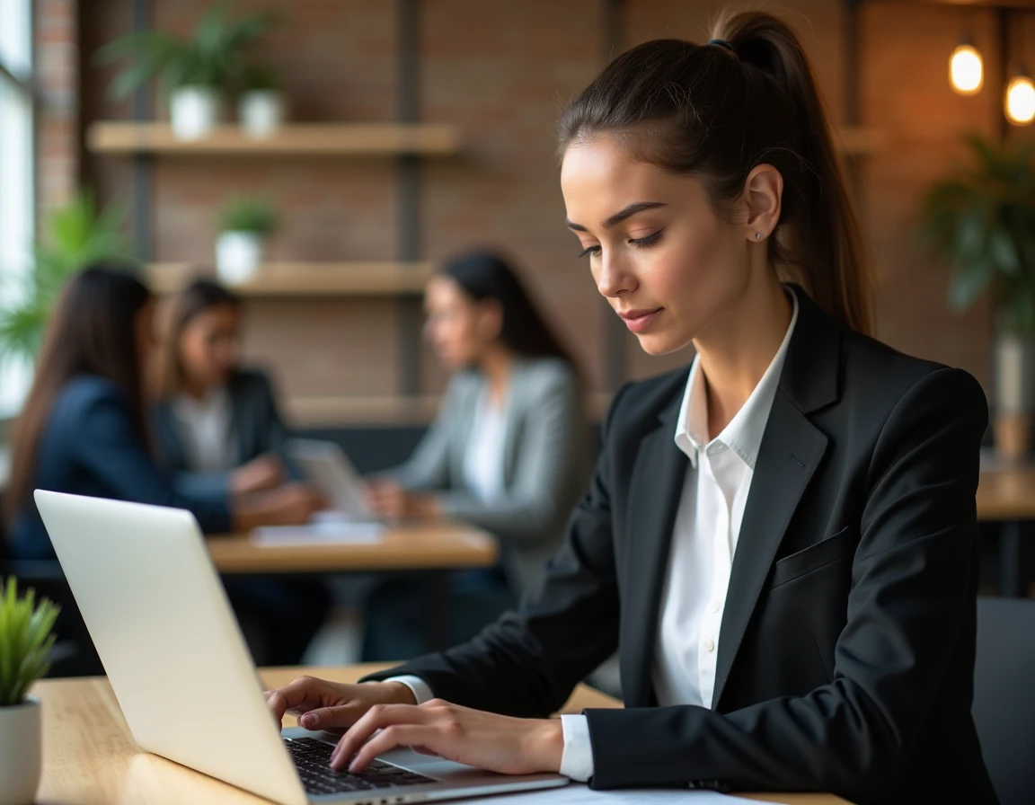 Entrepreneuse utilisant un assistant IA sur son ordinateur portable dans un espace de coworking moderne
