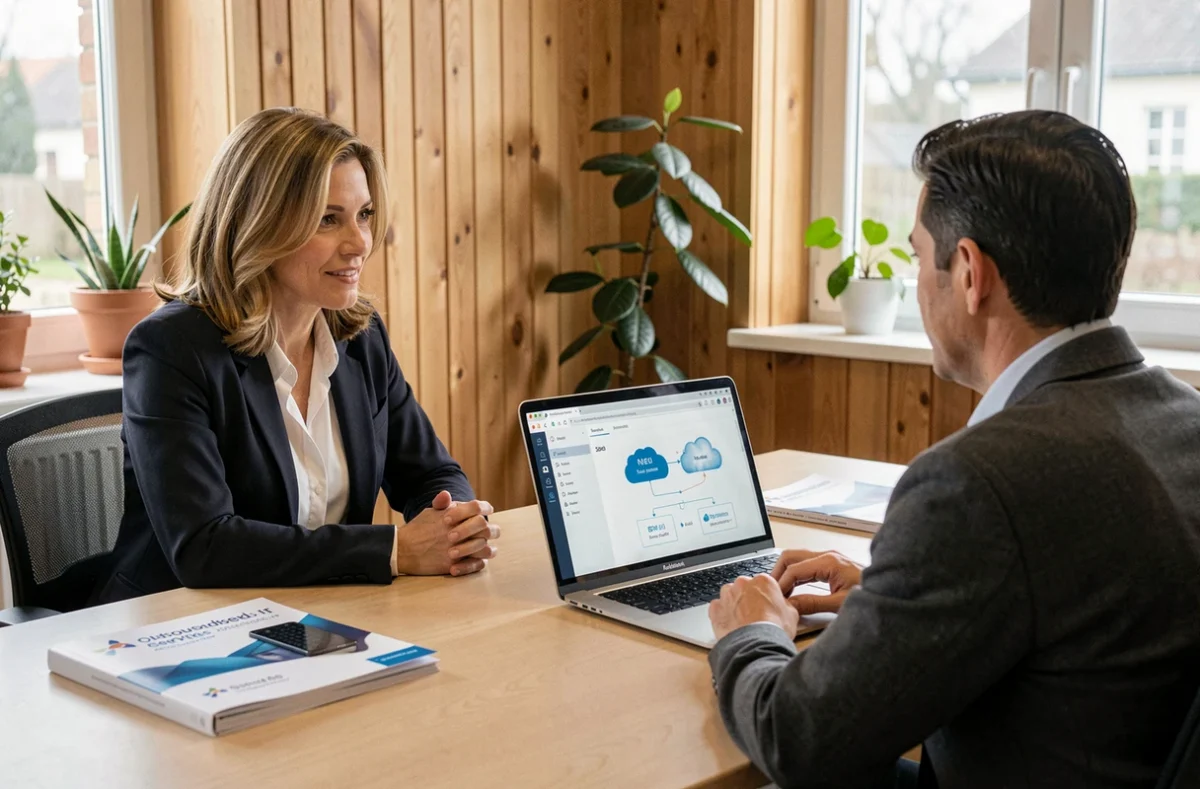 Consultante en infogérance externalisée présentant une solution cloud à un dirigeant de PME bretonne lors d'une réunion professionnelle, représentant Epromis