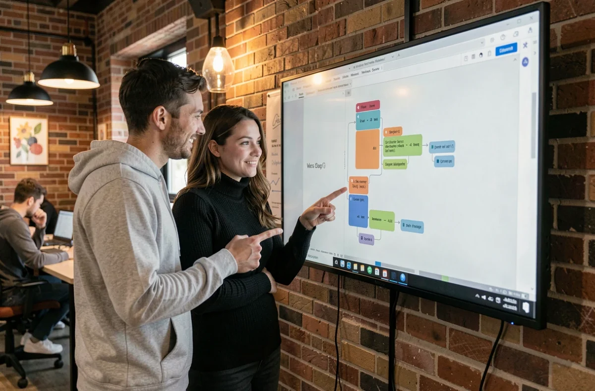 Deux développeurs discutant de l'utilisation de flex-extend versus width classique devant un écran de code CSS dans un espace de coworking