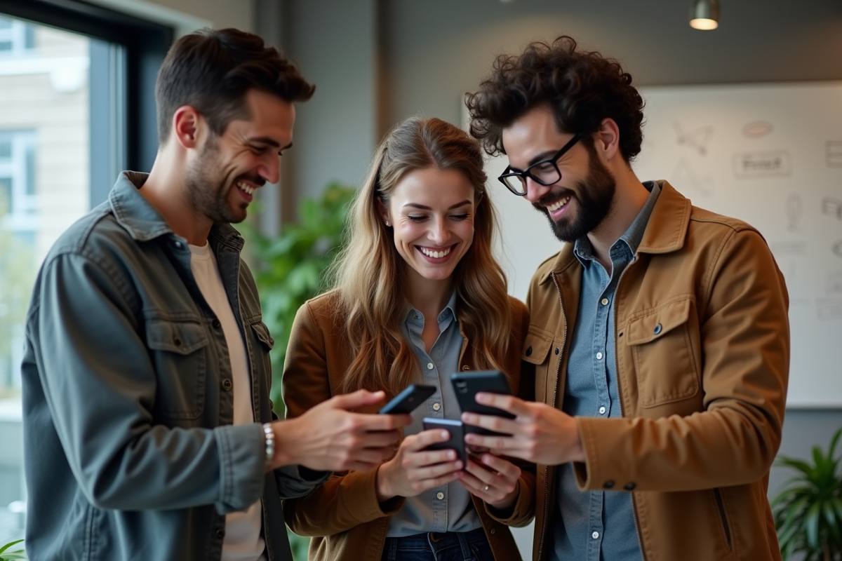 Groupe de jeunes adultes collaborant avec smartphones dans un bureau moderne