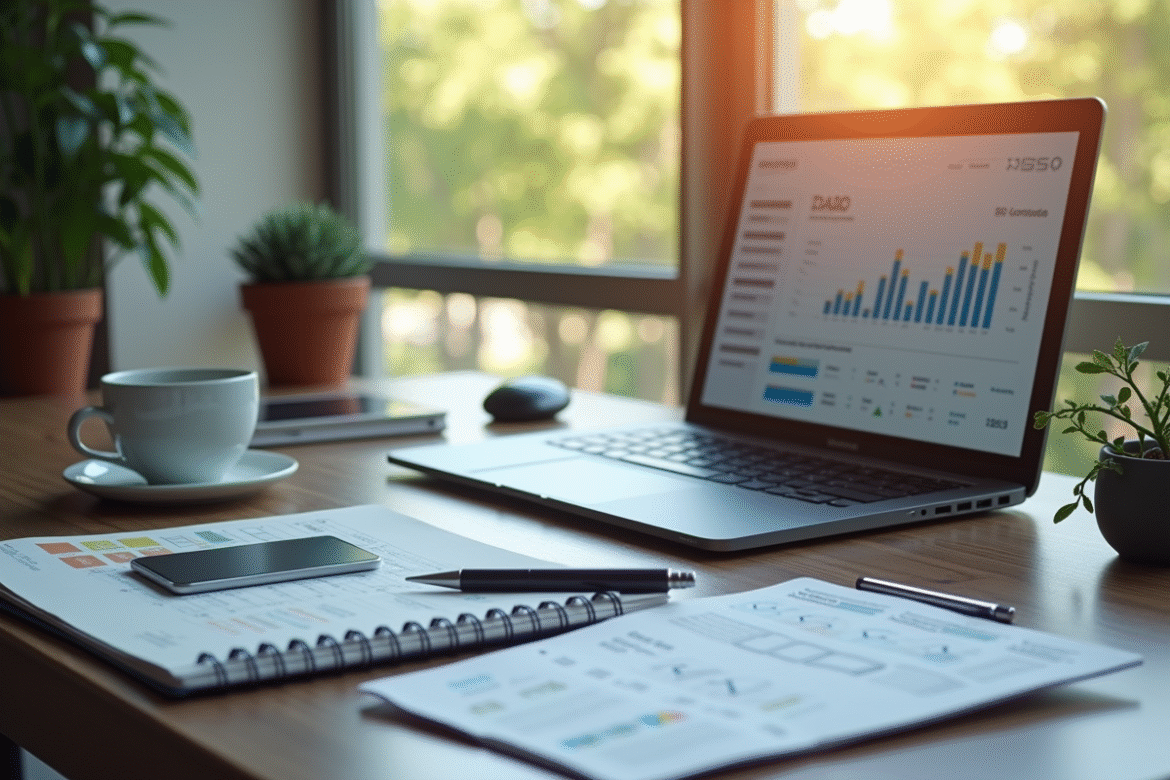 Espace de travail créatif avec analytics SEO et lumière naturelle