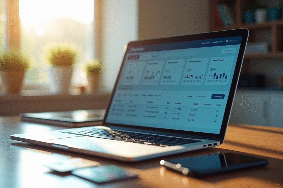 Espace de travail moderne avec ordinateur et cartes de credit