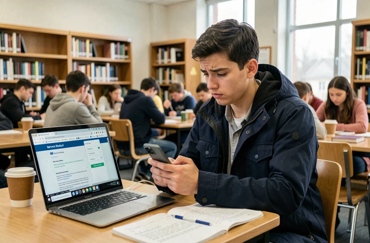 Étudiant en bibliothèque universitaire consultant son téléphone pour vérifier l'état du webmail