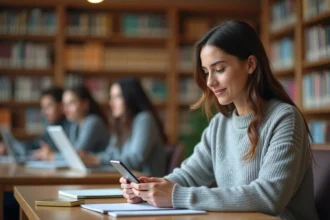 Étudiante configurant sa messagerie UGA sur smartphone dans une bibliothèque universitaire