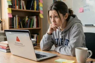 Étudiante frustrée devant son ordinateur portable affichant une erreur de messagerie webmail