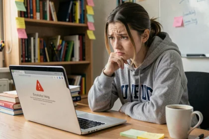 Étudiante frustrée devant son ordinateur portable affichant une erreur de messagerie webmail
