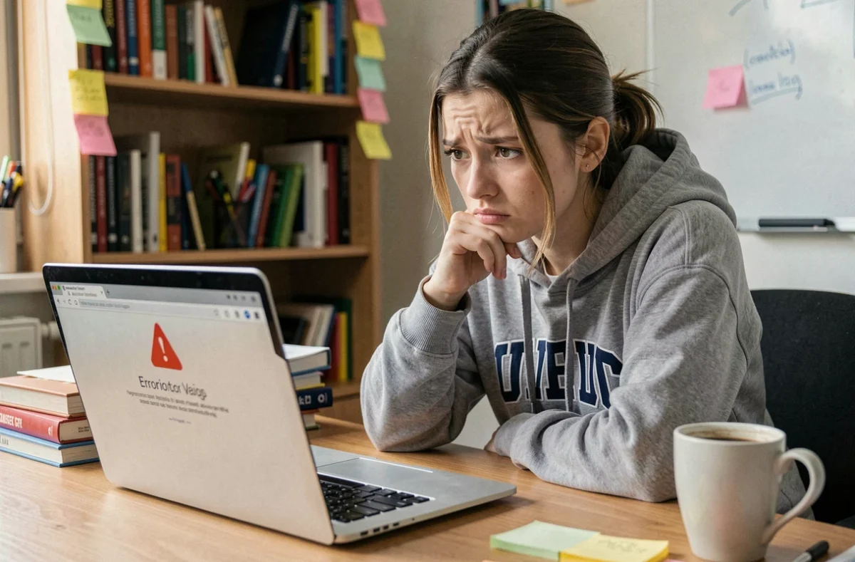 Étudiante frustrée devant son ordinateur portable affichant une erreur de messagerie webmail