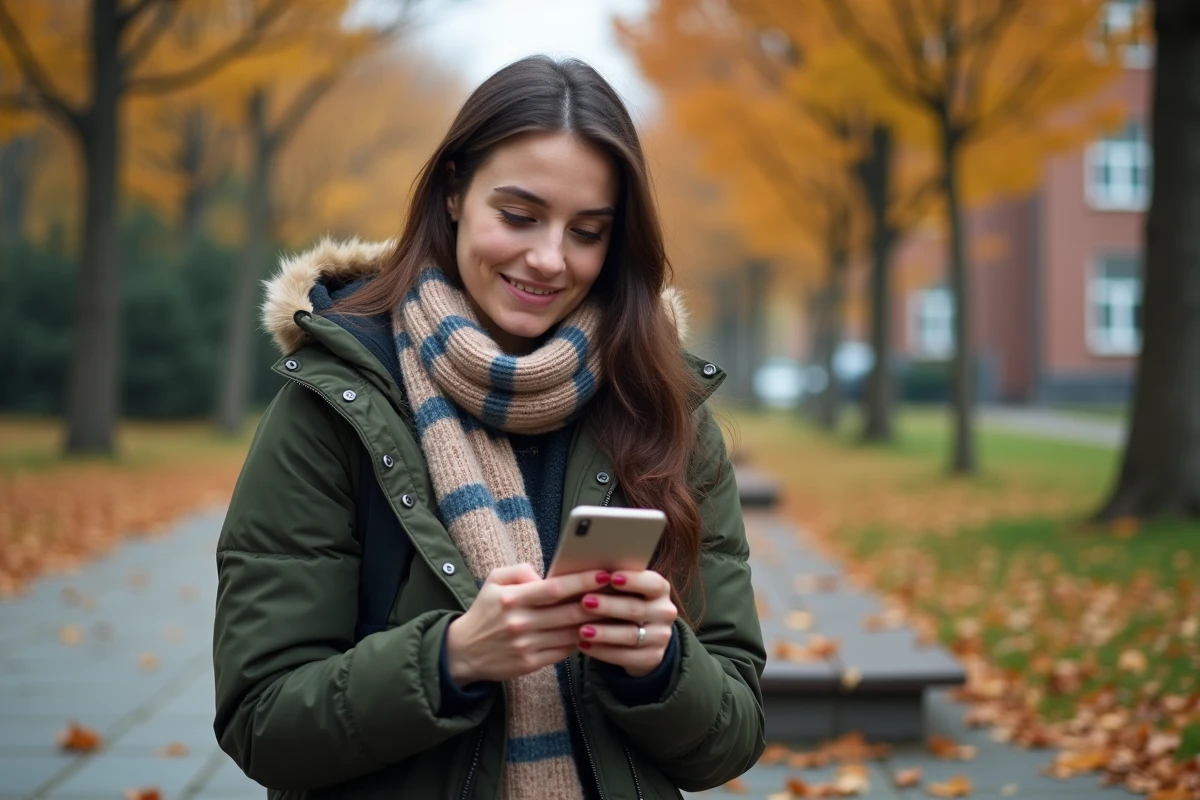 Étudiante lisant un tutoriel de configuration email UGA sur mobile en extérieur sur un campus en automne