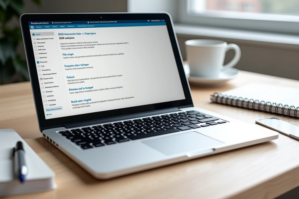 Écran d'ordinateur portable affichant le panneau de réglages SEO d'Evoluseo pour WordPress avec un carnet de notes manuscrites sur un bureau en chêne