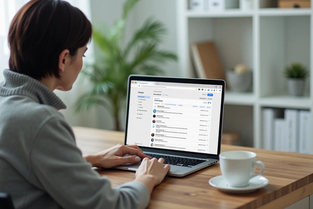 Femme consultant son historique d'activité Google sur un ordinateur portable dans un bureau à domicile