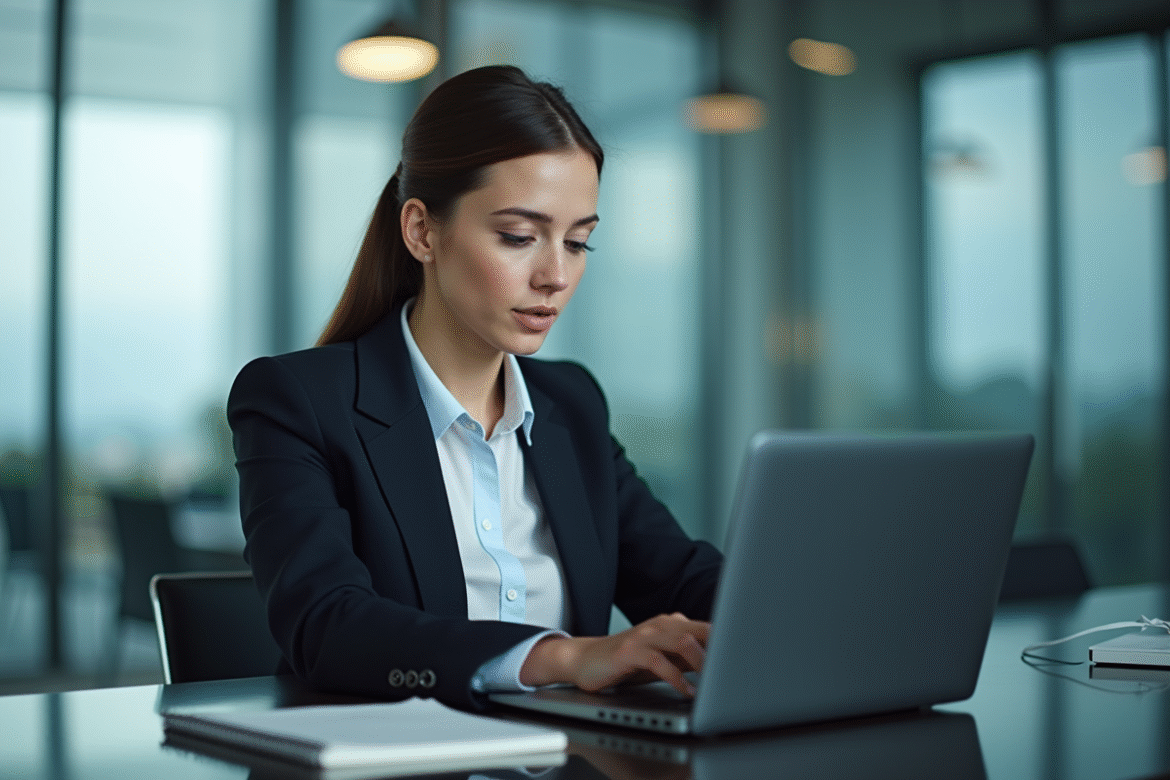 Femme d affaires concentrée devant son ordinateur en bureau moderne