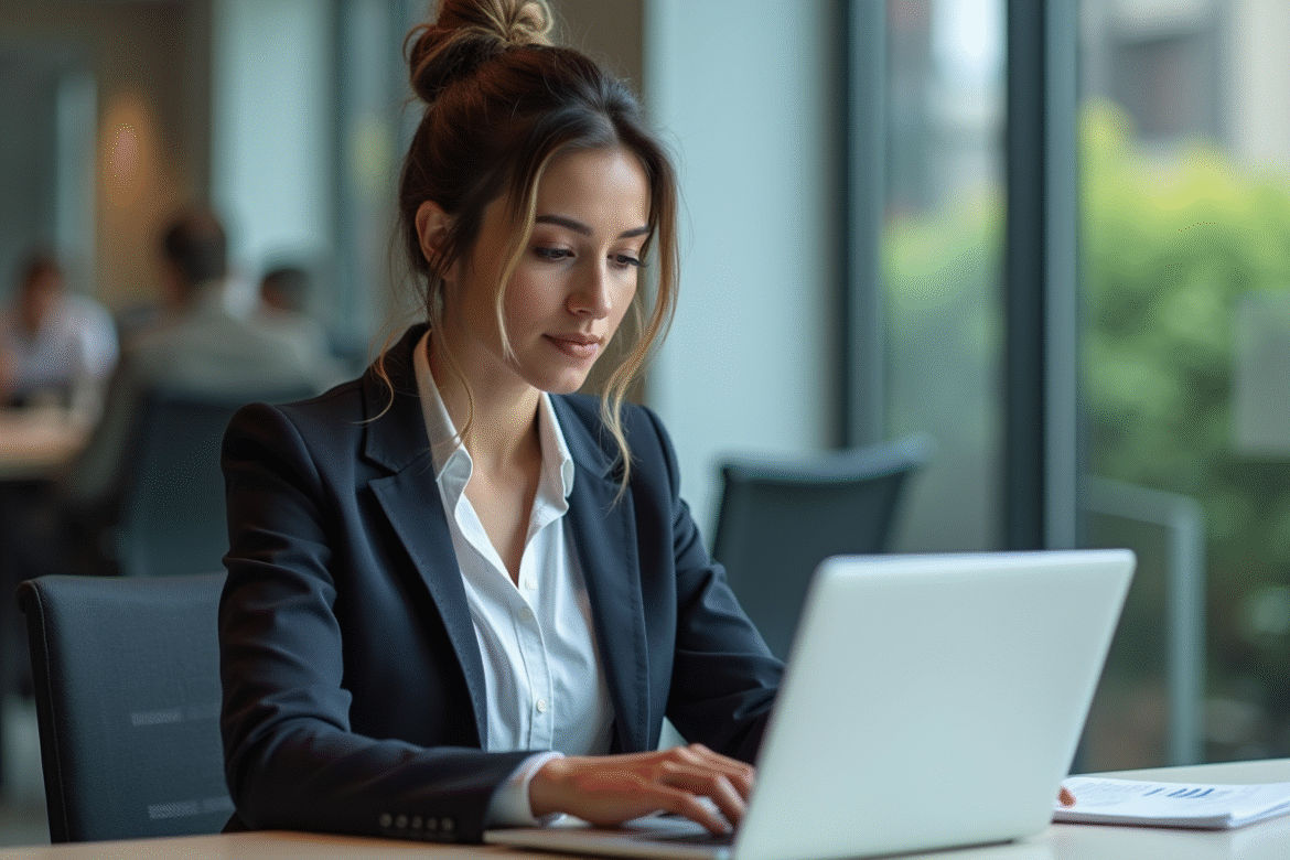 Femme en bureau analysant des graphiques sociaux