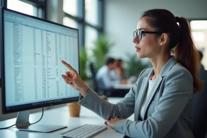 Femme en blazer gris analysant un tableau Excel sur grand écran de bureau pour réorganiser colonnes et lignes