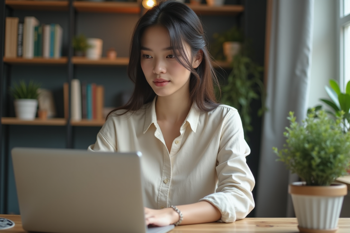 Jeune femme concentrée analysant ses données dans un bureau moderne
