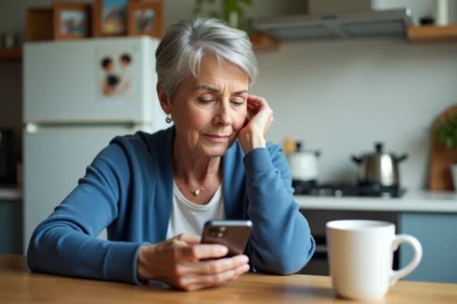 Femme âgée utilisant un smartphone Android dans la cuisine