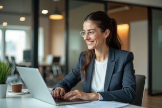 Femme d'affaires souriante utilisant un CRM sur son ordinateur