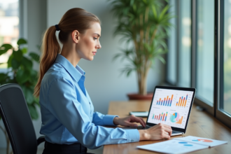 Femme professionnelle travaillant sur un ordinateur avec des graphiques marketing