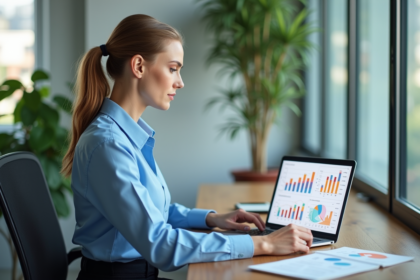 Femme professionnelle travaillant sur un ordinateur avec des graphiques marketing