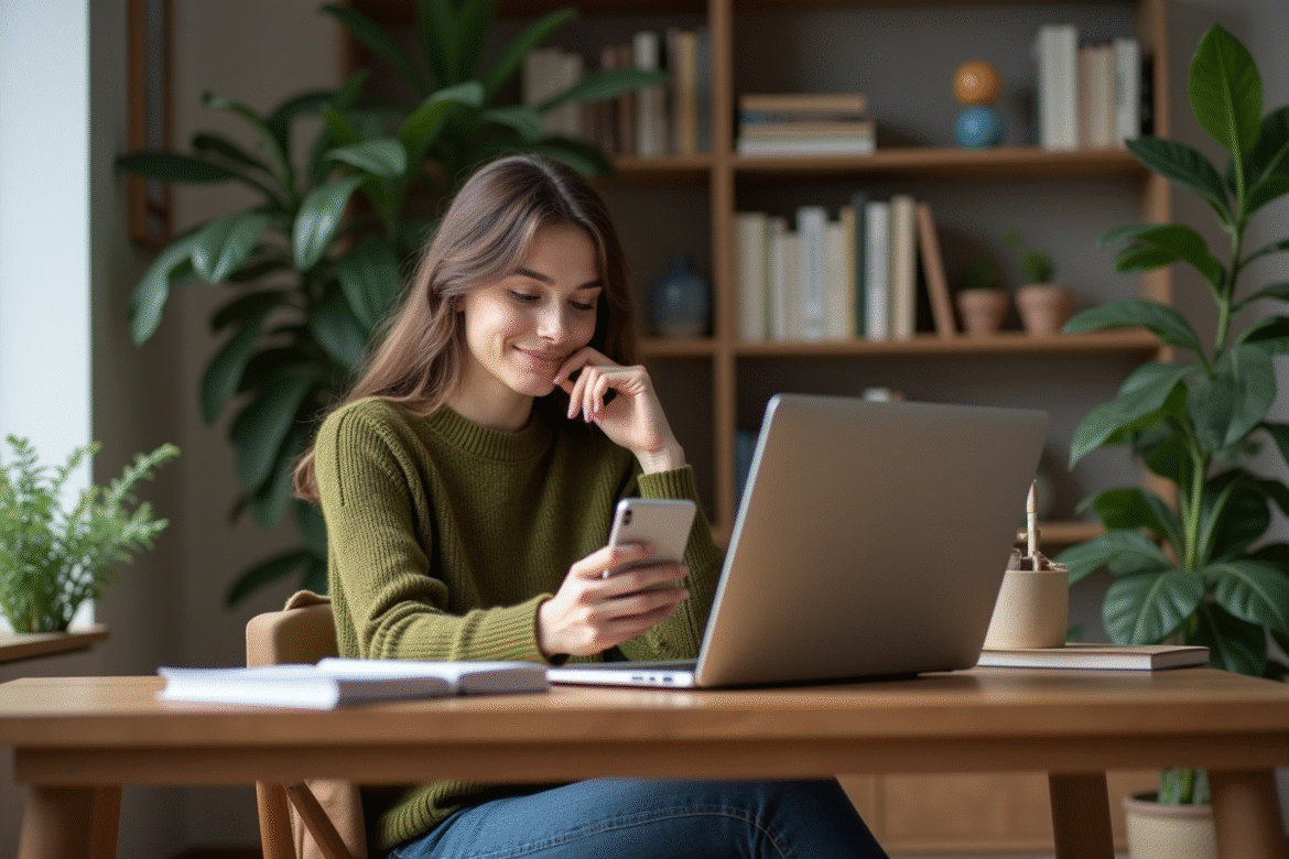 Jeune femme en bureau à domicile contemplant son téléphone