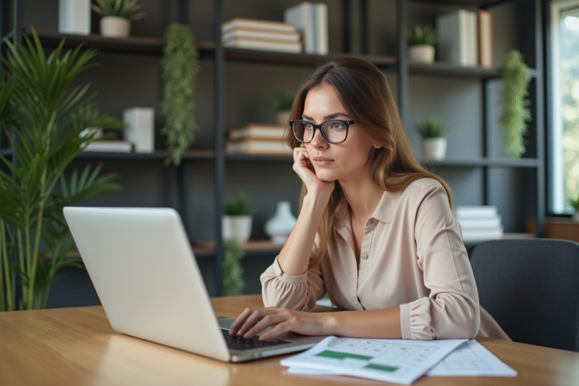 Femme travaillant sur un ordinateur dans un bureau organisé